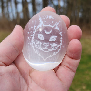 Etched Cat Selenite Crystal Palm Stone